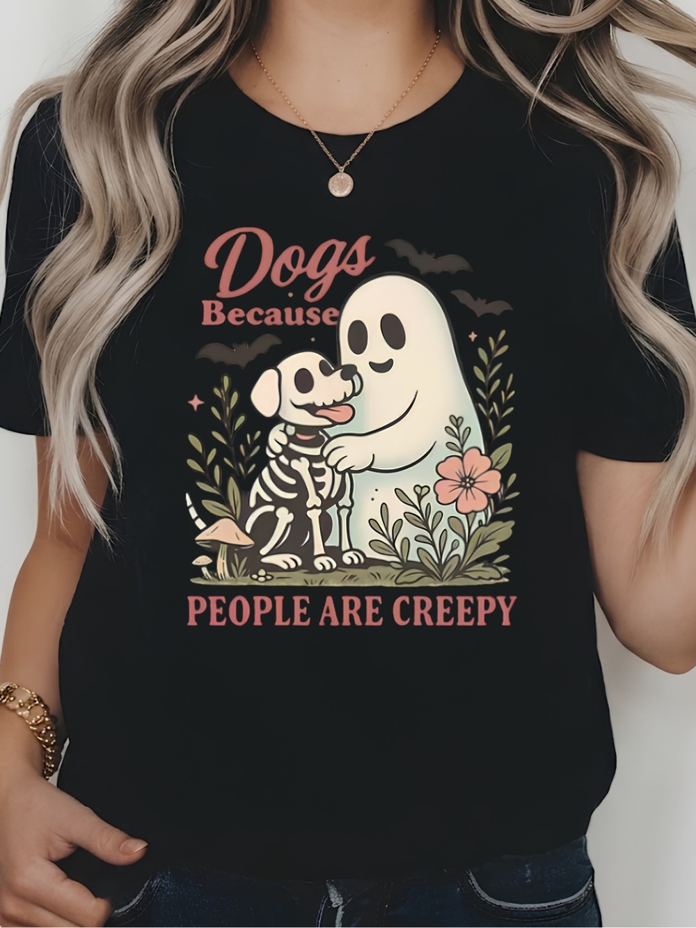 Gildan Black Graphic Tee with Pastel Ghost & Skeleton Dog